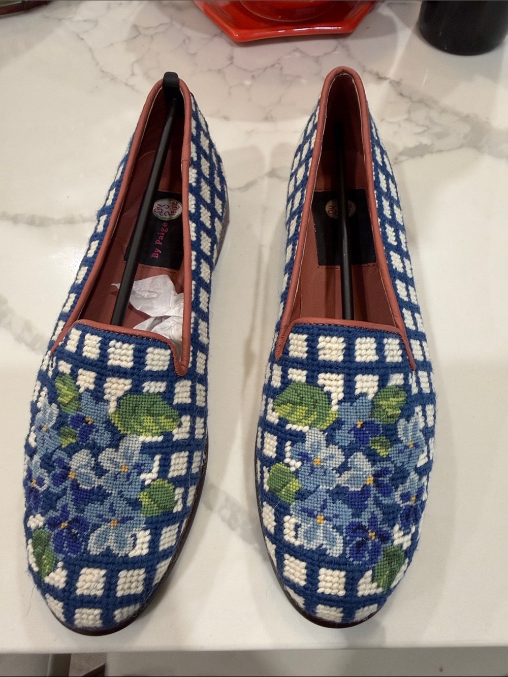 Blue Floral Needlepoint Loafers for Women - Slip-On Flats